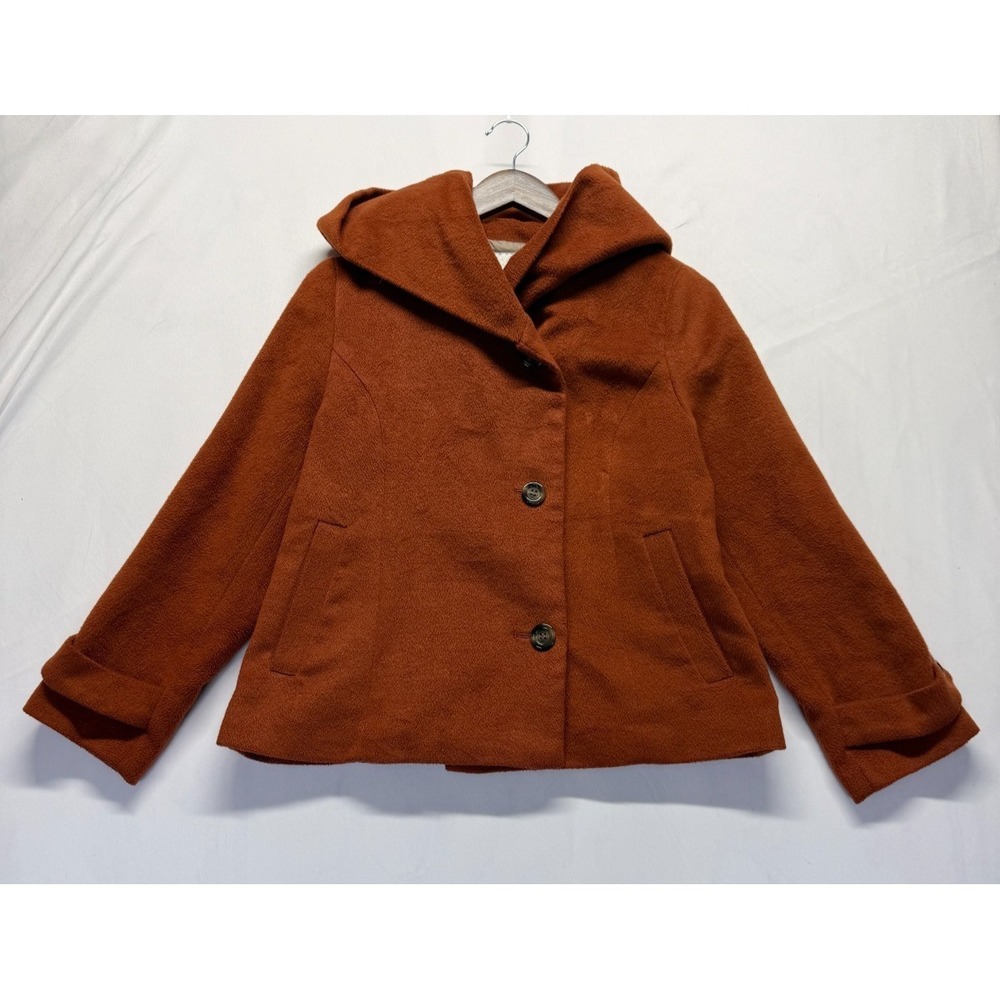 Discoat Parisien Coat Women Small Burnt Orange Cowl Neck Hooded Button‎ Front